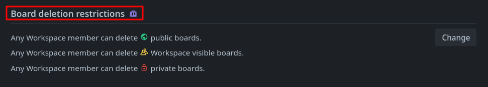 Trello board deletion restrictions panel showing default settings where any workspace member can delete all board types