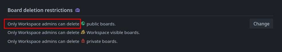 Board deletion restrictions showing Only Workspace admins can delete for all board types