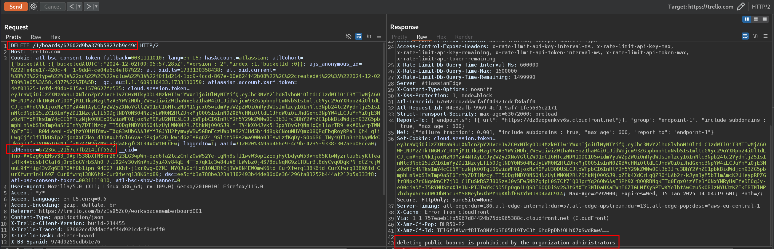 Burp Suite showing a PUT request to the boards API with the response indicating that deleting public boards is prohibited by the organization administrator