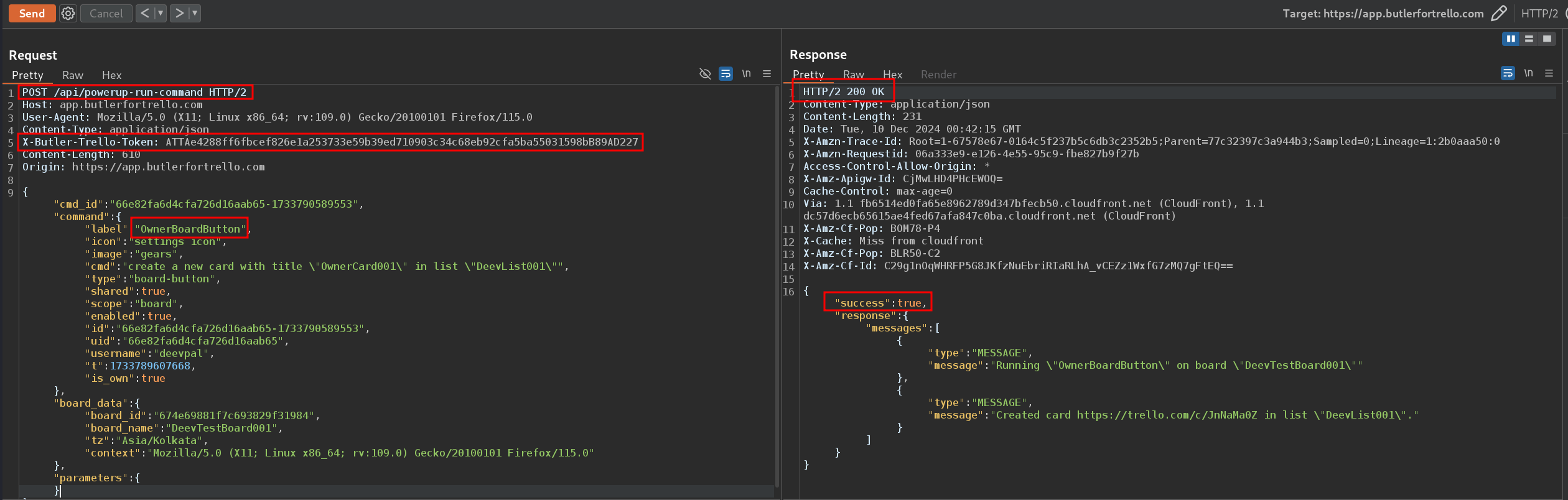 Burp Suite showing the POST request to app.butlerfortrello.com/api/powerup-run-command with a 200 OK response containing success true