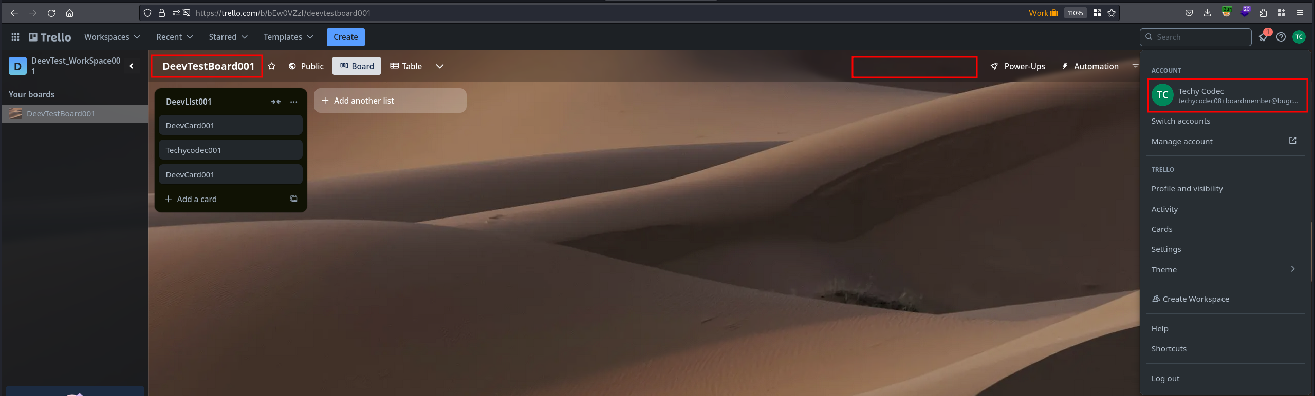 Same Trello board from another user's perspective (Techy Coder) showing no board button in the header area, with a red box highlighting the empty space where the button would be