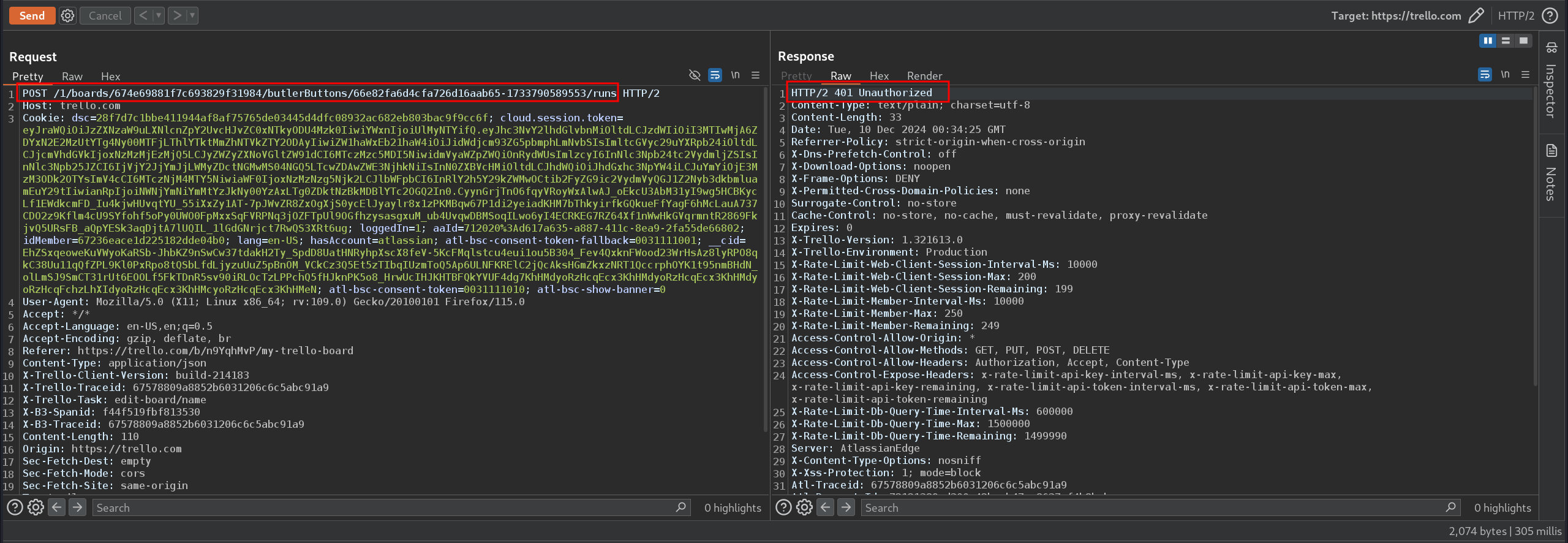 Burp Suite showing the POST request for card button execution returning HTTP 401 Unauthorized