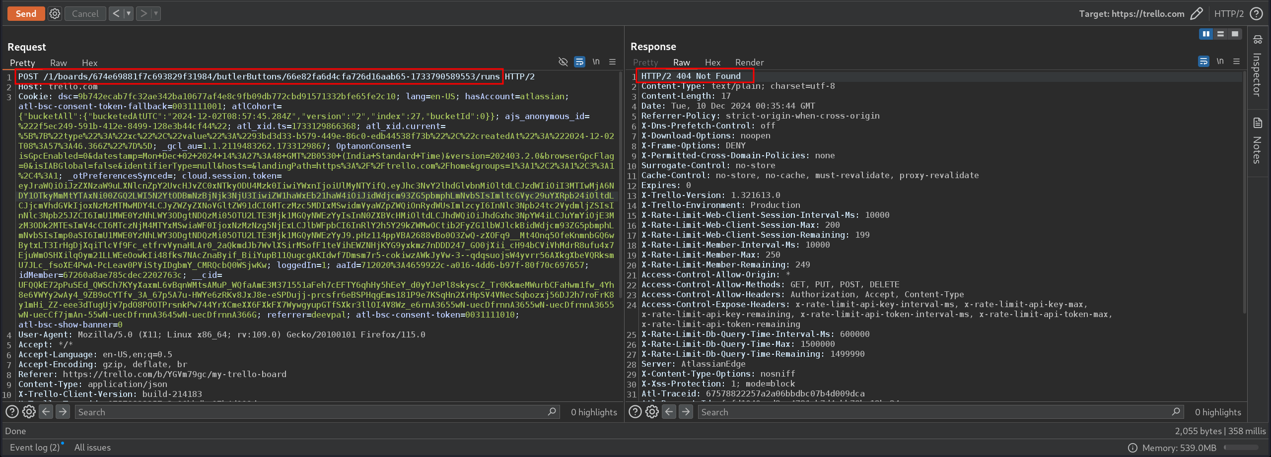 Burp Suite showing the POST request for card button execution returning HTTP 404 Not Found
