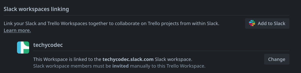 Trello workspace settings showing Slack workspaces linking. The techycodec workspace is linked to techycodec.slack.com, with text saying Slack workspace members must be invited manually to this Trello Workspace