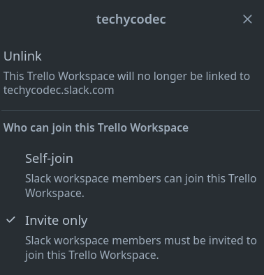 Modal showing Who can join this Trello Workspace with two options: Self-join and Invite only, with Invite only selected
