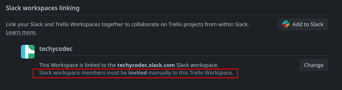 Full Trello workspace settings panel showing Slack workspaces linking section with invited text highlighted in red box