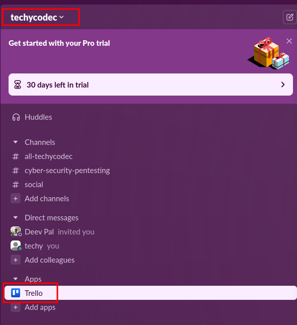 Slack sidebar showing the techycodec workspace with channels, direct messages, and the Trello app listed under Apps