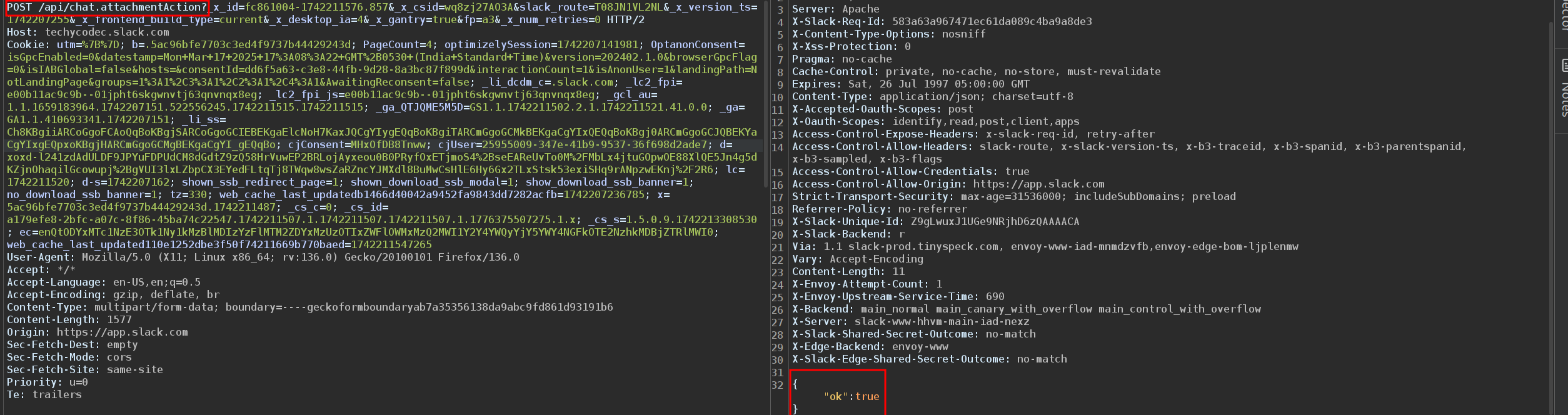 Burp Suite showing a POST request to the Slack API chat.attachmentAction endpoint with the joinTeam callback and the server response